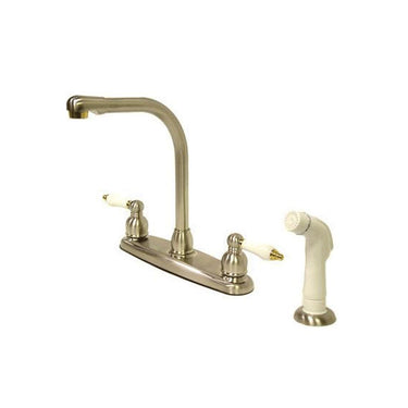 Kingston Brass Victorian High Arch with Oak & Porcelain Lever Handles, Satin Nickel with Polished Brass Kitchen Faucet Kingston Brass